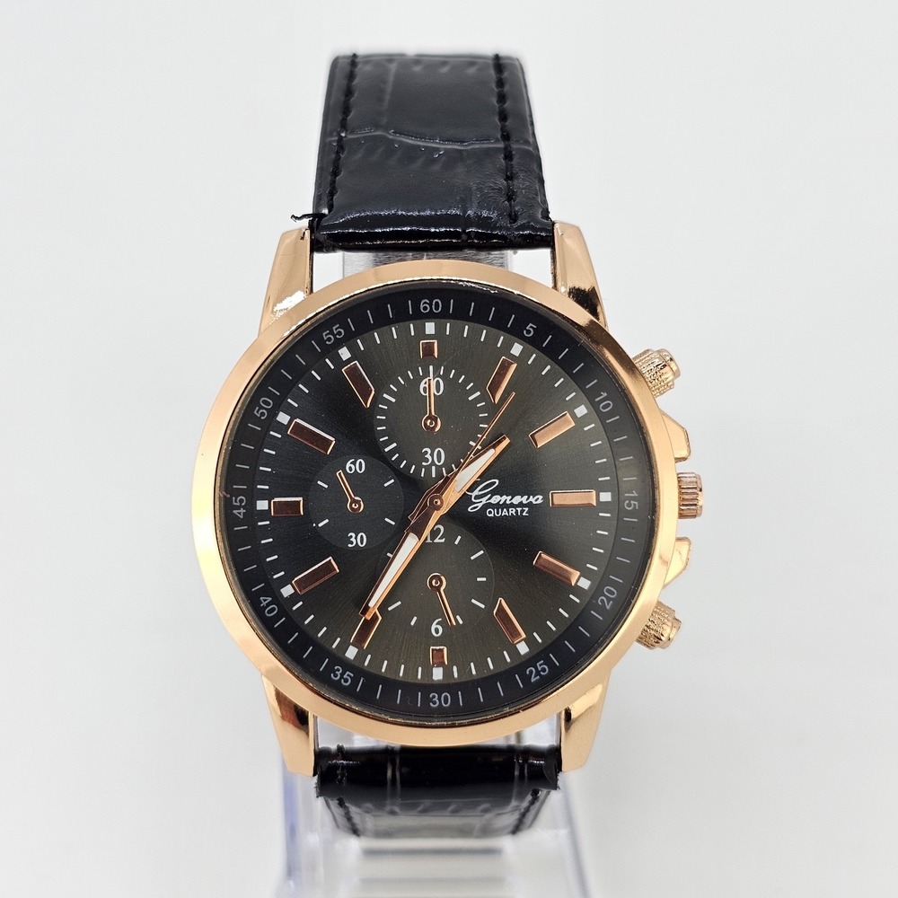 Men's Watch Analog 40MM Black Dial Black Faux Leather Bands New Battery